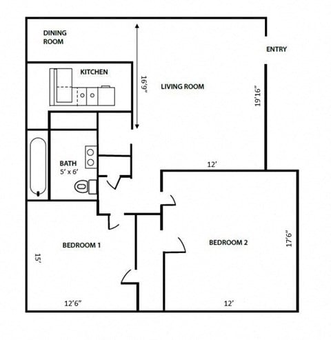 Floor plan for 2 beds, 1 bath, 900 sqft